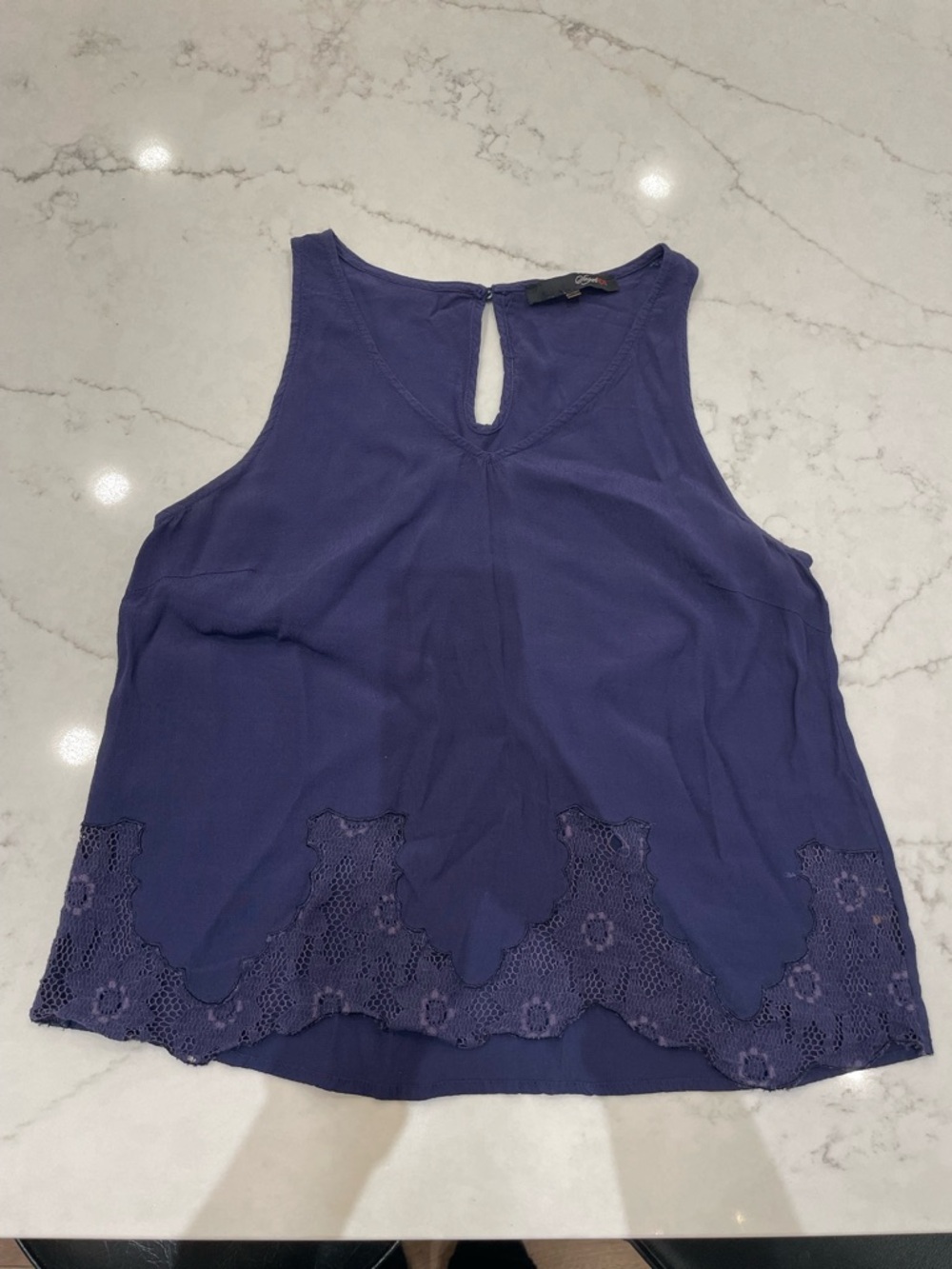 Navy Lace-Hem Sleeveless Flowy Cropped Tank